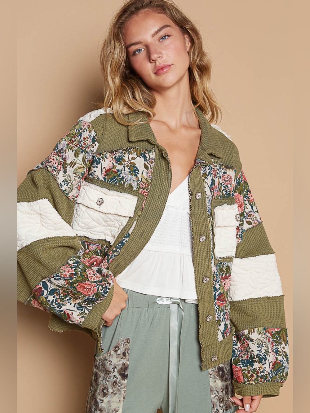 924. Pol Jacket Coat thermal Oversized green Floral Quilted Jacquard - Picture 2 of 2